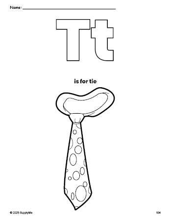 Free printable tie coloring page, letter t coloring page for preschool, pre-k, and kindergarten, PDF