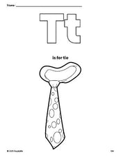 Free printable tie coloring page, letter t coloring page for preschool, pre-k, and kindergarten, PDF