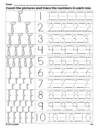 Free printable tie counting worksheet for preschool and pre-k with number tracing practice 1-10, PDF