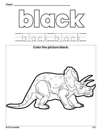 Free triceratops color black coloring page and color worksheet, black worksheet for preschoolers to learn colors, printable PDF