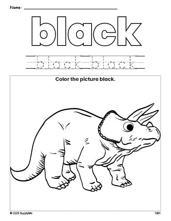 Free triceratops color black coloring page and color worksheet, black worksheet for preschoolers to learn colors, printable PDF