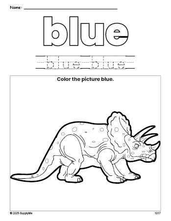 Free triceratops color blue coloring page and color worksheet, blue worksheet for preschoolers to learn colors, printable PDF