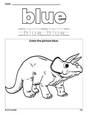 Free triceratops color blue coloring page and color worksheet, blue worksheet for preschoolers to learn colors, printable PDF