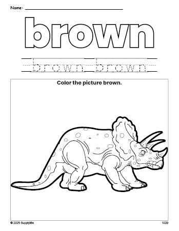 Free triceratops color brown coloring page and color worksheet, brown worksheet for preschoolers to learn colors, printable PDF