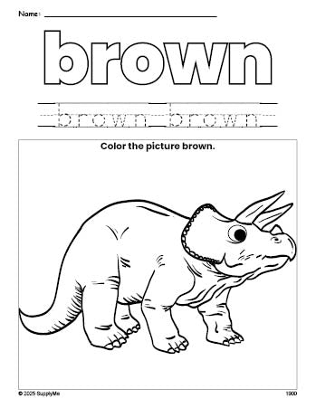 Free triceratops color brown coloring page and color worksheet, brown worksheet for preschoolers to learn colors, printable PDF