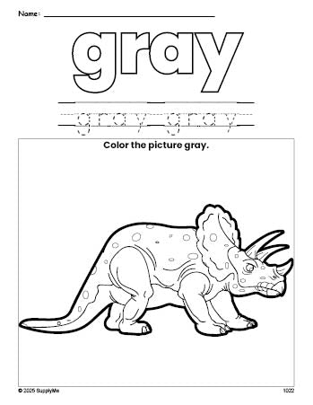 Free triceratops color gray coloring page and color worksheet, gray worksheet for preschoolers to learn colors, printable PDF