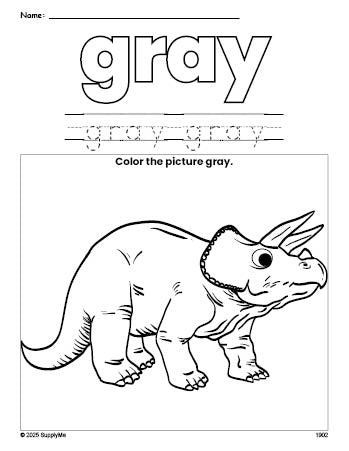 Free triceratops color gray coloring page and color worksheet, gray worksheet for preschoolers to learn colors, printable PDF