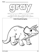 Free triceratops color gray coloring page and color worksheet, gray worksheet for preschoolers to learn colors, printable PDF