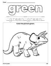 Free triceratops color green coloring page and color worksheet, green worksheet for preschoolers to learn colors, printable PDF