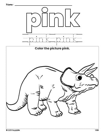 Free triceratops color pink coloring page and color worksheet, pink worksheet for preschoolers to learn colors, printable PDF