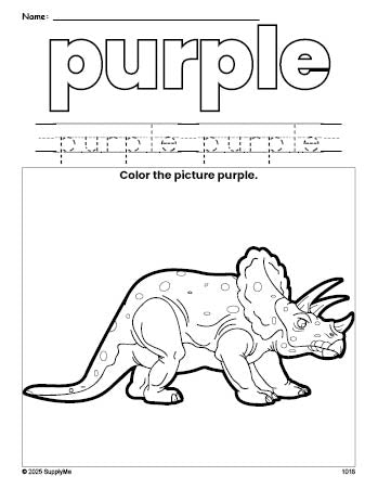 Free triceratops color purple coloring page and color worksheet, purple worksheet for preschoolers to learn colors, printable PDF