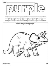 Free triceratops color purple coloring page and color worksheet, purple worksheet for preschoolers to learn colors, printable PDF