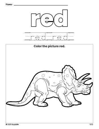 Free triceratops color red coloring page and color worksheet, red worksheet for preschoolers to learn colors, printable PDF