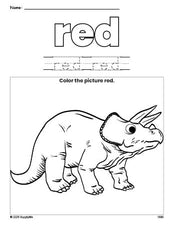 Free triceratops color red coloring page and color worksheet, red worksheet for preschoolers to learn colors, printable PDF