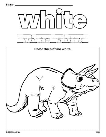 Free triceratops color white coloring page and color worksheet, white worksheet for preschoolers to learn colors, printable PDF