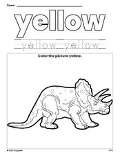 Free triceratops color yellow coloring page and color worksheet, yellow worksheet for preschoolers to learn colors, printable PDF