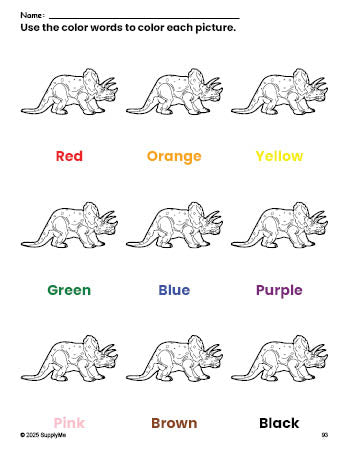 Free triceratops coloring page and color worksheet for preschoolers to learn colors, printable PDF