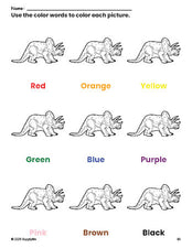 Free triceratops coloring page and color worksheet for preschoolers to learn colors, printable PDF