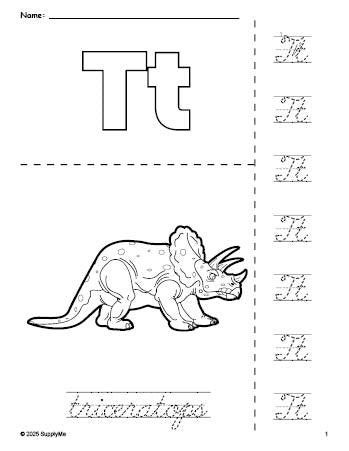 Free printable triceratops coloring page and cursive letter tracing worksheet, letter t worksheet for preschool, pre-k, and kindergarten, PDF