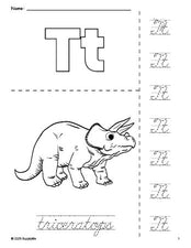 Free printable triceratops coloring page and cursive letter tracing worksheet, letter t worksheet for preschool, pre-k, and kindergarten, PDF