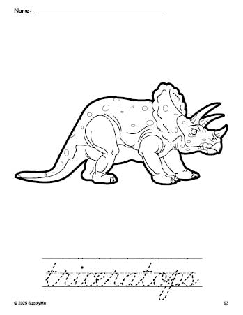 Free printable triceratops coloring page and cursive word tracing worksheet, perfect for preschool, pre-k, and kindergarten, PDF