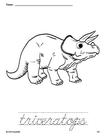 Free printable triceratops coloring page and cursive word tracing worksheet, perfect for preschool, pre-k, and kindergarten, PDF