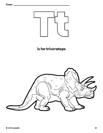 Free printable triceratops coloring page, letter t coloring page for preschool, pre-k, and kindergarten, PDF