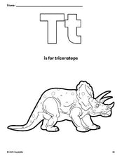 Free printable triceratops coloring page, letter t coloring page for preschool, pre-k, and kindergarten, PDF