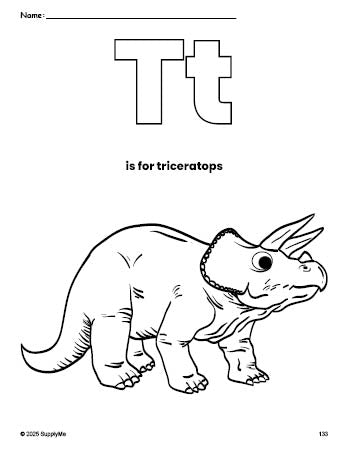 Free printable triceratops coloring page, letter t coloring page for preschool, pre-k, and kindergarten, PDF