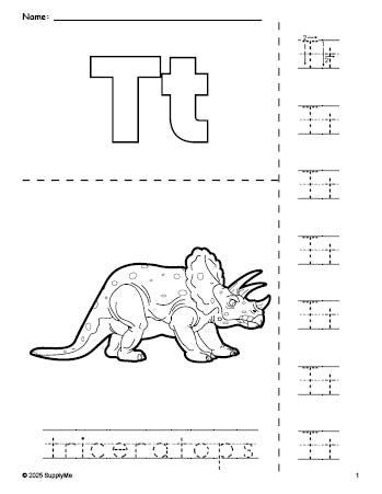 Free printable triceratops coloring page and letter tracing worksheet, letter t worksheet for preschool, pre-k, and kindergarten, PDF