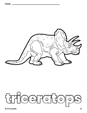 Free printable triceratops coloring page for preschool, pre-k, and kindergarten, PDF