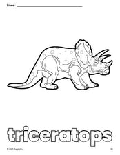 Free printable triceratops coloring page for preschool, pre-k, and kindergarten, PDF