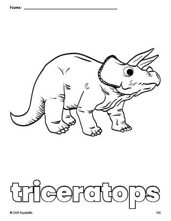 Free printable triceratops coloring page for preschool, pre-k, and kindergarten, PDF