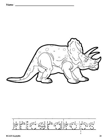 Free printable triceratops coloring page and word tracing worksheet, letter formation guides, perfect for preschool, pre-k, and kindergarten, PDF