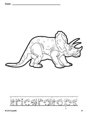 Free printable triceratops coloring page and word tracing worksheet, letter formation guides, perfect for preschool, pre-k, and kindergarten, PDF