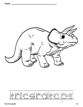 Free printable triceratops coloring page and word tracing worksheet, letter formation guides, perfect for preschool, pre-k, and kindergarten, PDF