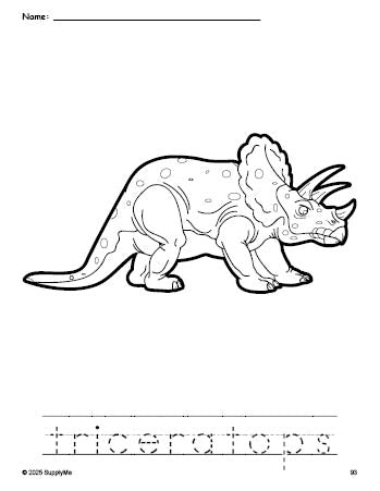 Free printable triceratops coloring page and word tracing worksheet, perfect for preschool, pre-k, and kindergarten, PDF