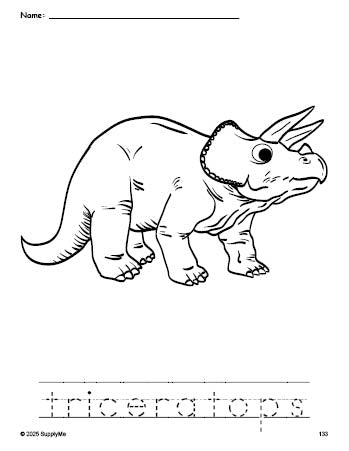 Free printable triceratops coloring page and word tracing worksheet, perfect for preschool, pre-k, and kindergarten, PDF