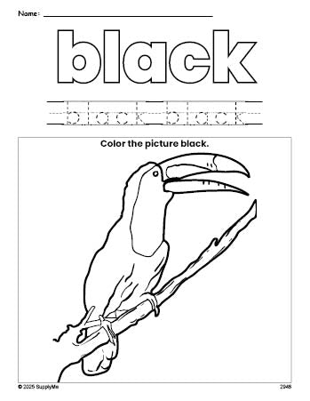 Free tucan color black coloring page and color worksheet, black worksheet for preschoolers to learn colors, printable PDF