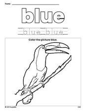 Free tucan color blue coloring page and color worksheet, blue worksheet for preschoolers to learn colors, printable PDF