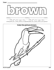 Free tucan color brown coloring page and color worksheet, brown worksheet for preschoolers to learn colors, printable PDF