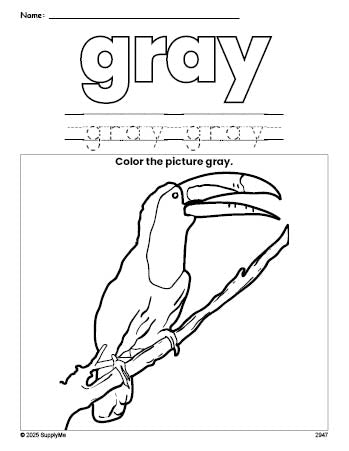 Free tucan color gray coloring page and color worksheet, gray worksheet for preschoolers to learn colors, printable PDF