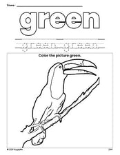 Free tucan color green coloring page and color worksheet, green worksheet for preschoolers to learn colors, printable PDF