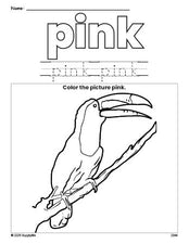 Free tucan color pink coloring page and color worksheet, pink worksheet for preschoolers to learn colors, printable PDF