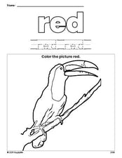 Free tucan color red coloring page and color worksheet, red worksheet for preschoolers to learn colors, printable PDF