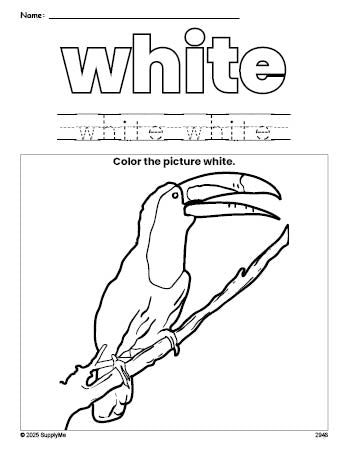 Free tucan color white coloring page and color worksheet, white worksheet for preschoolers to learn colors, printable PDF