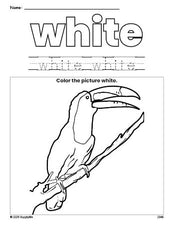 Free tucan color white coloring page and color worksheet, white worksheet for preschoolers to learn colors, printable PDF