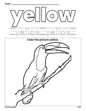 Free tucan color yellow coloring page and color worksheet, yellow worksheet for preschoolers to learn colors, printable PDF