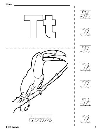 Free printable tucan coloring page and cursive letter tracing worksheet, letter t worksheet for preschool, pre-k, and kindergarten, PDF