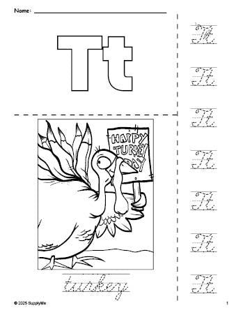 Free printable turkey Thanksgiving coloring page and cursive letter tracing worksheet, letter t worksheet for preschool, pre-k, and kindergarten, PDF